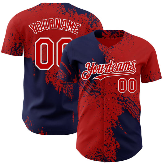 Custom Red Navy-White Abstract Brush Stroke Authentic Baseball Jersey - Main View
