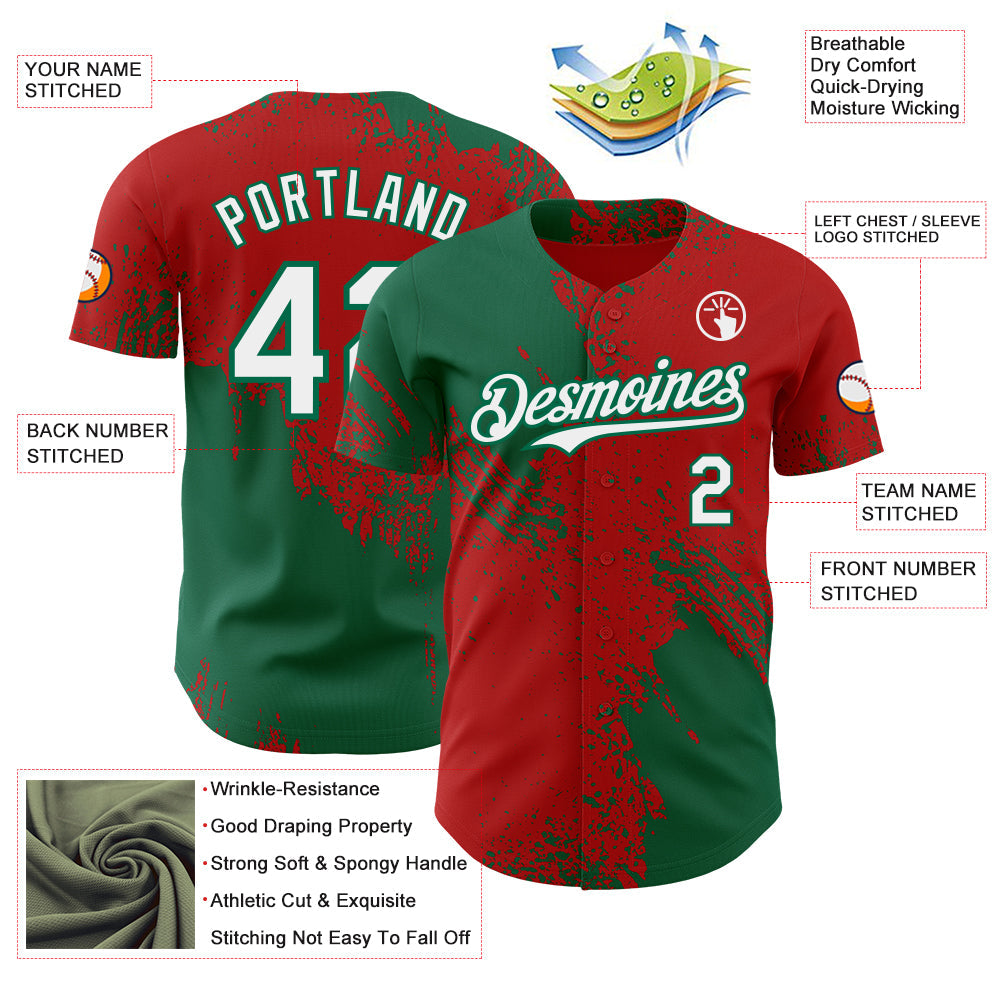 Custom Red White-Kelly Green Abstract Brush Stroke Authentic Baseball Jersey view 3