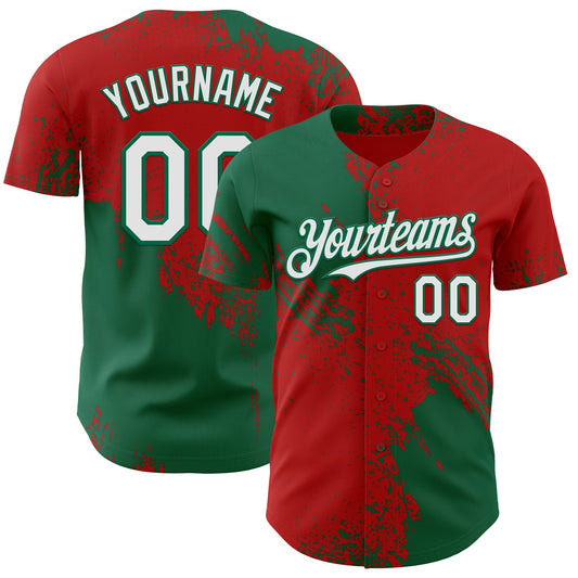 Custom Red White-Kelly Green Abstract Brush Stroke Authentic Baseball Jersey - Main View