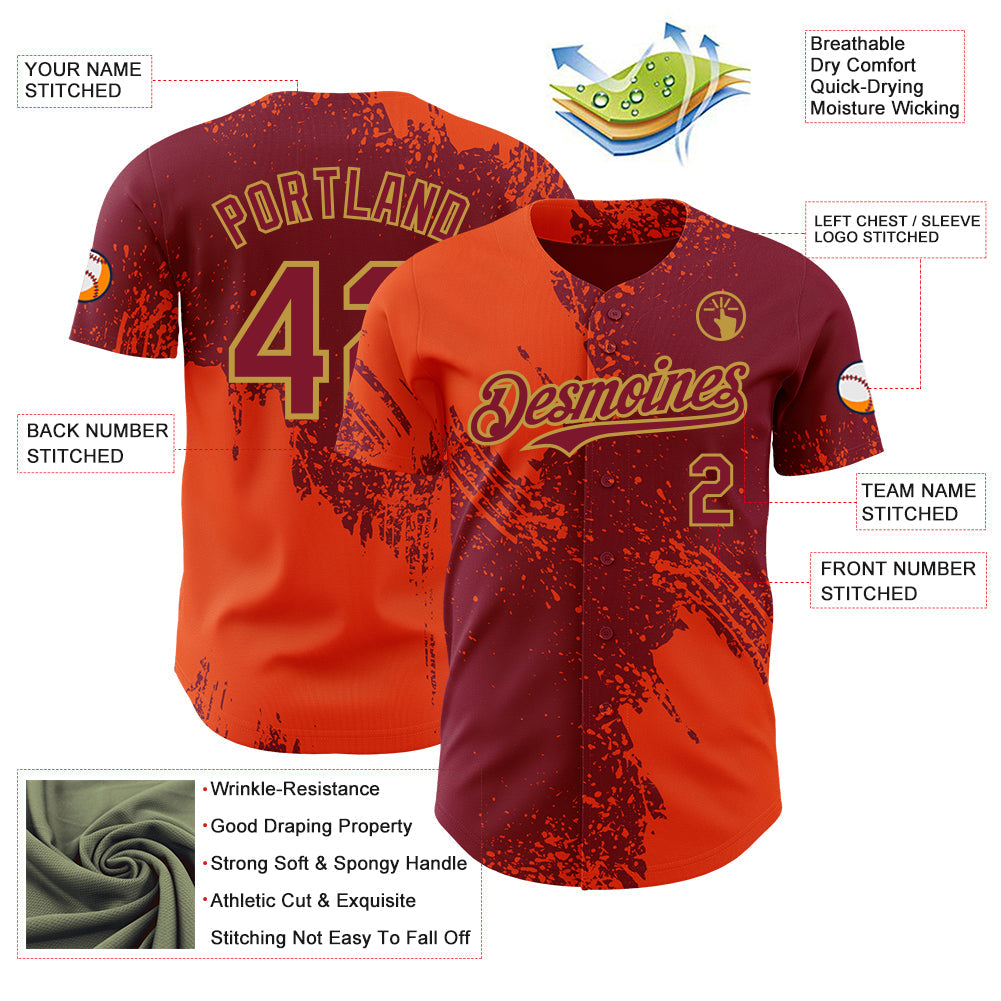 Custom Crimson Orange-Old Gold Abstract Brush Stroke Authentic Baseball Jersey view 3
