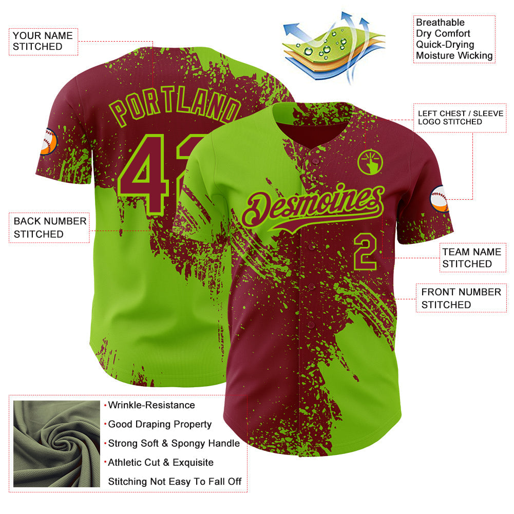Custom Crimson-Neon Green Abstract Brush Stroke Authentic Baseball Jersey view 3