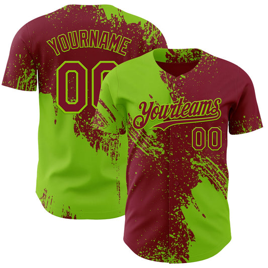 Custom Crimson-Neon Green Abstract Brush Stroke Authentic Baseball Jersey - Main View