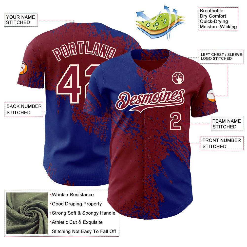 Custom Crimson Royal-Cream Abstract Brush Stroke Authentic Baseball Jersey view 3