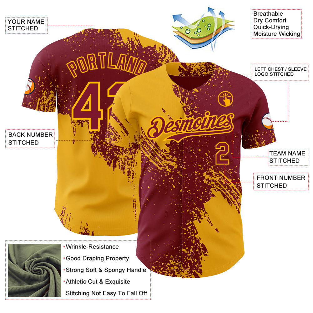 Custom Crimson-Gold Abstract Brush Stroke Authentic Baseball Jersey view 3