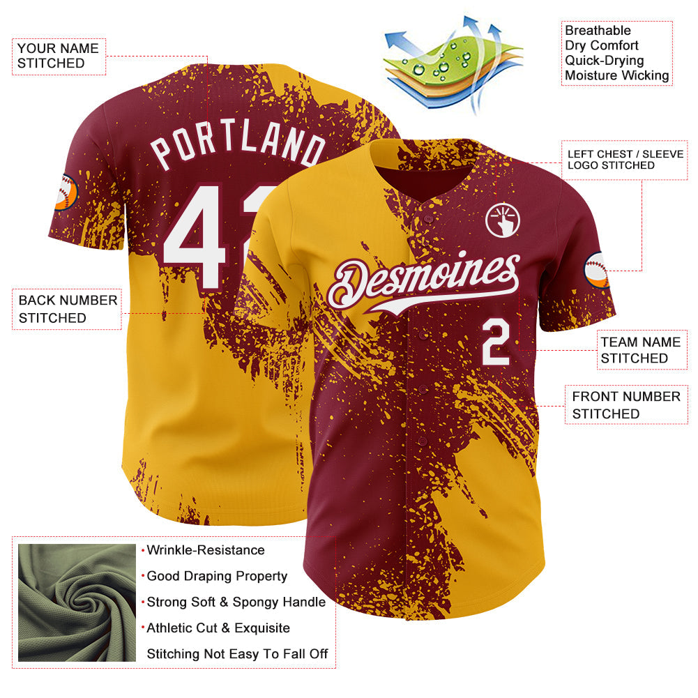 Custom Crimson White-Gold Abstract Brush Stroke Authentic Baseball Jersey view 3