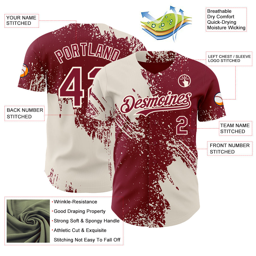 Custom Crimson-Cream Abstract Brush Stroke Authentic Baseball Jersey view 3