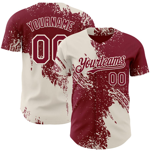 Custom Crimson-Cream Abstract Brush Stroke Authentic Baseball Jersey - Main View