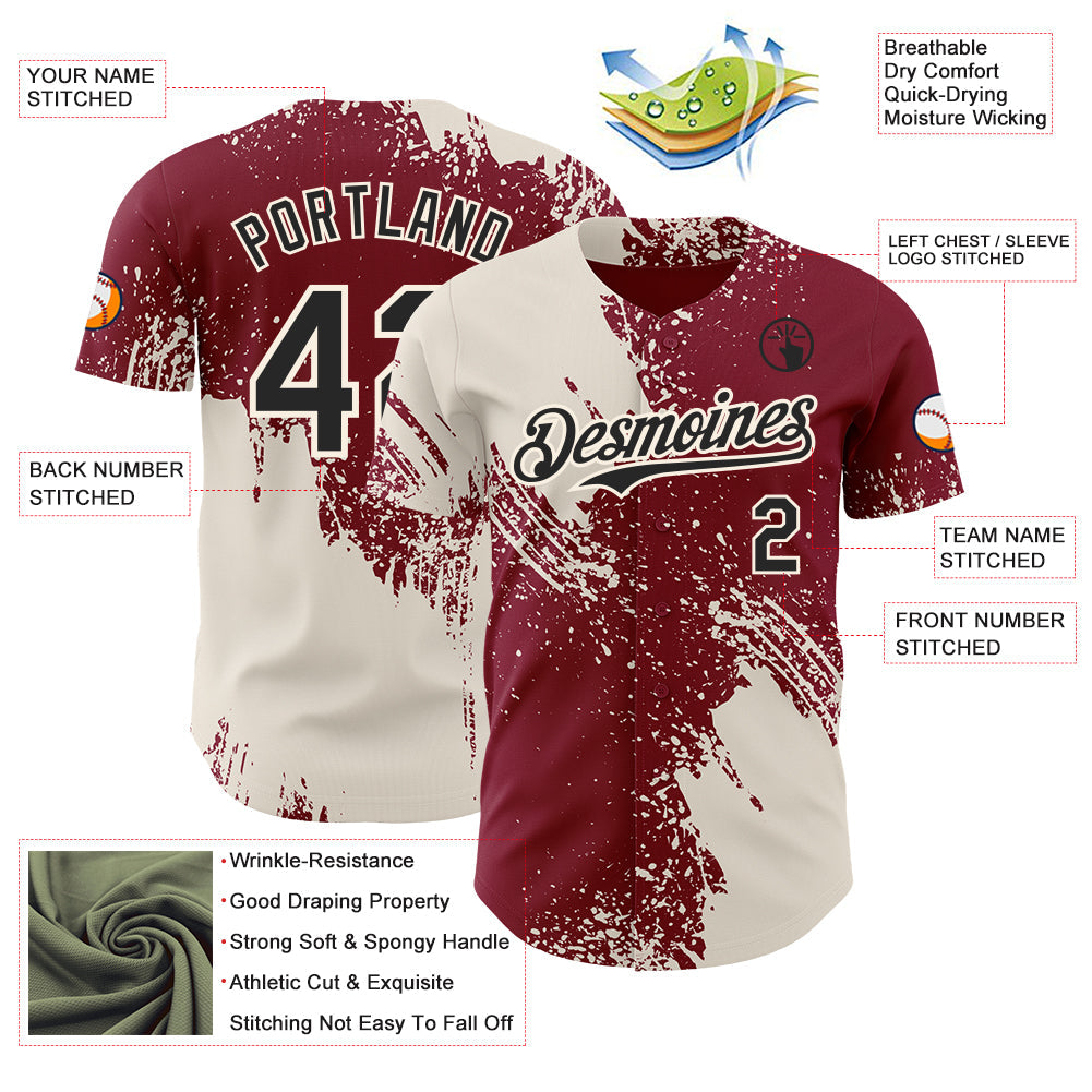 Custom Crimson Black-Cream Abstract Brush Stroke Authentic Baseball Jersey view 3