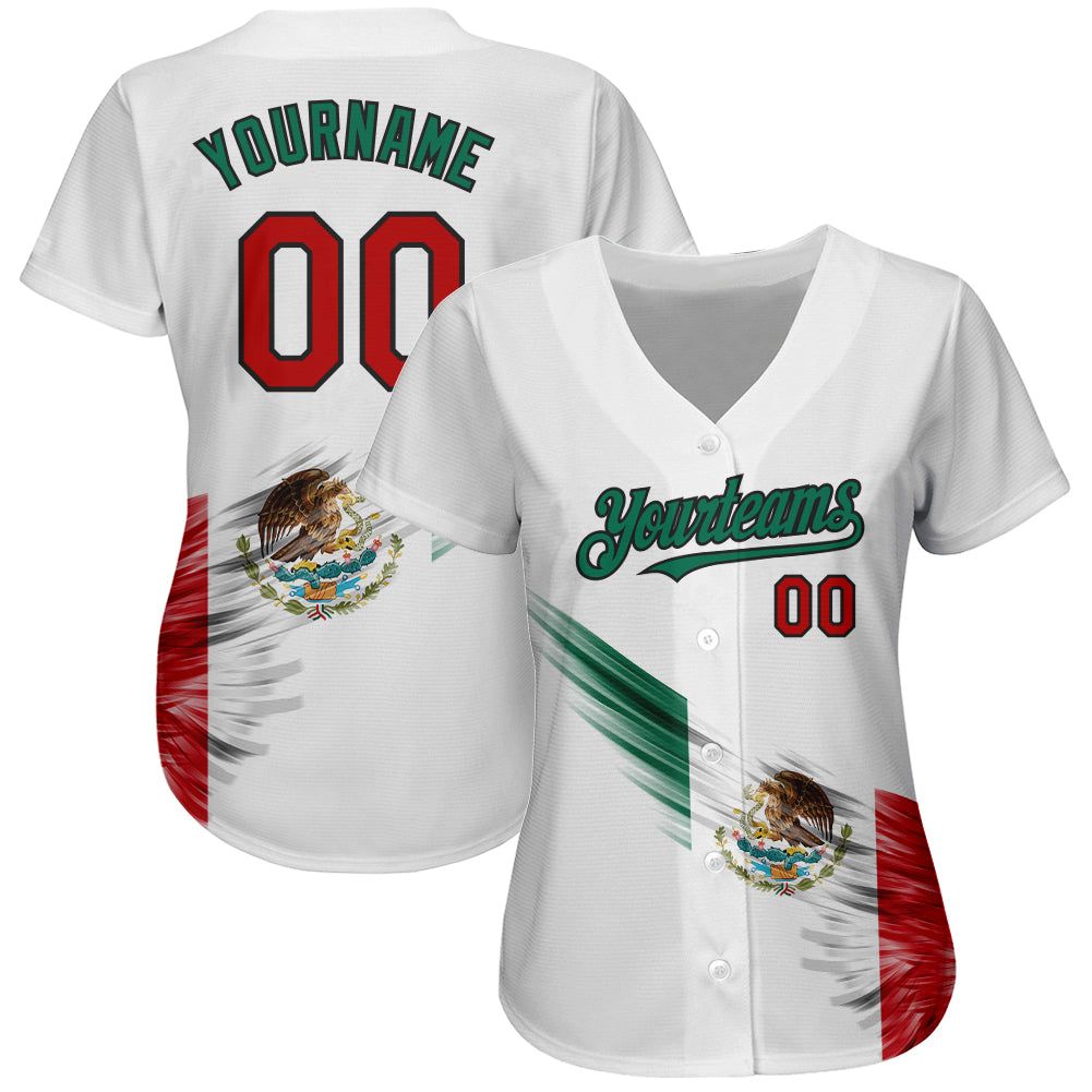 Custom White Red Kelly Green-Black 3D The Abstract Wing With Mexican Flag Authentic Baseball Jersey view 2