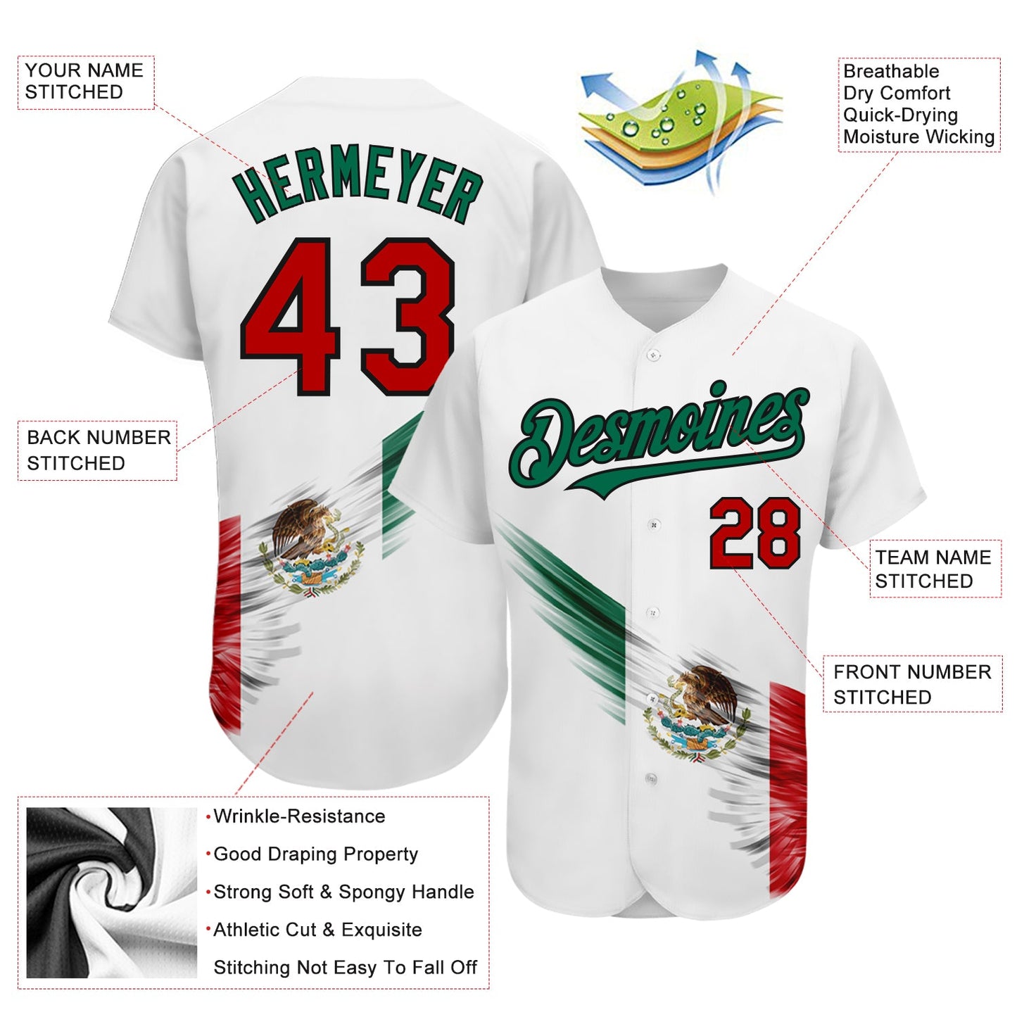 Custom White Red Kelly Green-Black 3D The Abstract Wing With Mexican Flag Authentic Baseball Jersey view 3