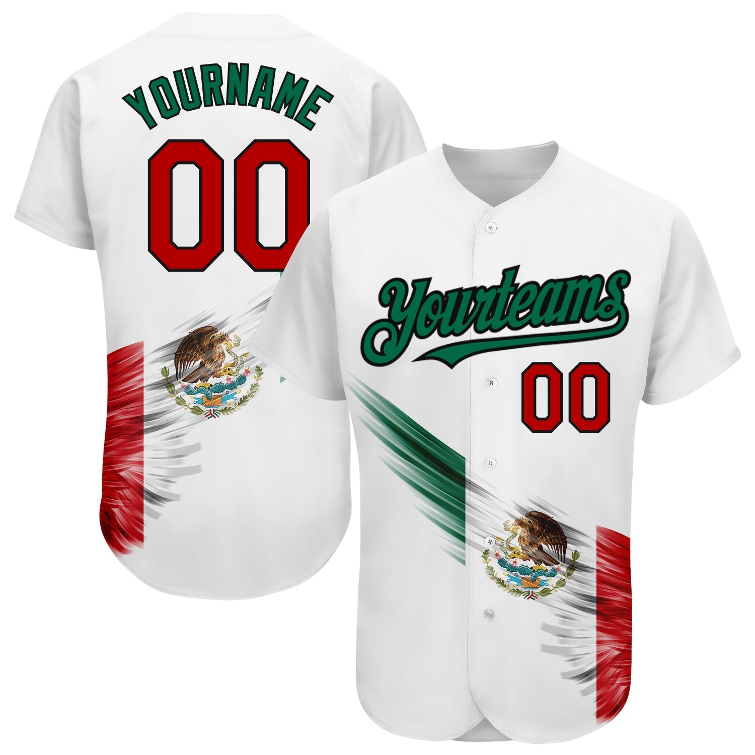 Custom White Red Kelly Green-Black 3D The Abstract Wing With Mexican Flag Authentic Baseball Jersey - Main View