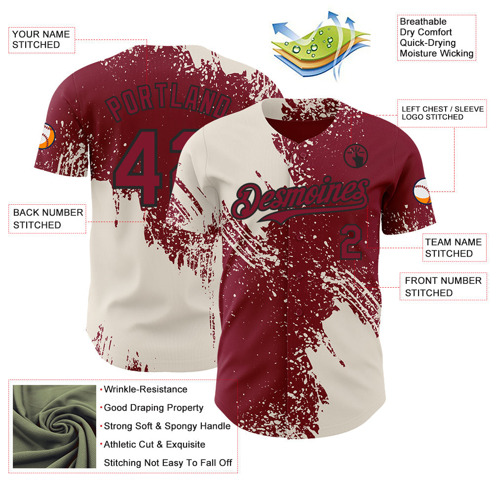 Custom Crimson Cream-Black Abstract Brush Stroke Authentic Baseball Jersey view 3