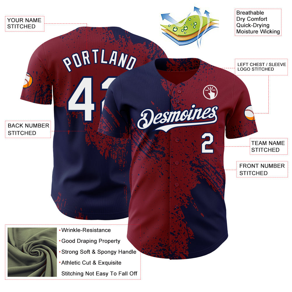 Custom Crimson White-Navy Abstract Brush Stroke Authentic Baseball Jersey view 3