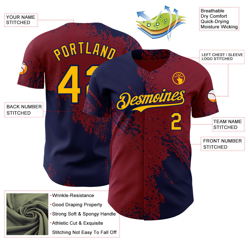 Custom Crimson Gold-Navy Abstract Brush Stroke Authentic Baseball Jersey view 3