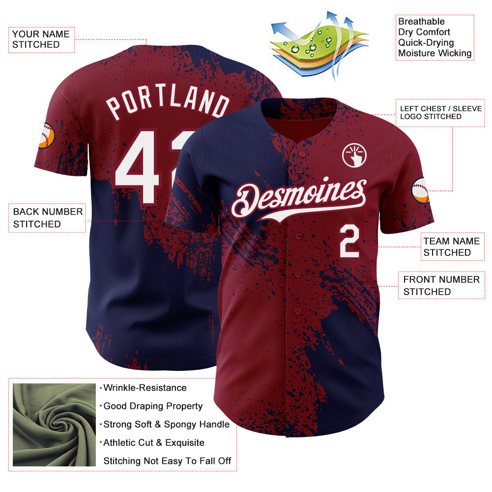 Custom Crimson White-Navy Abstract Brush Stroke Authentic Baseball Jersey view 3