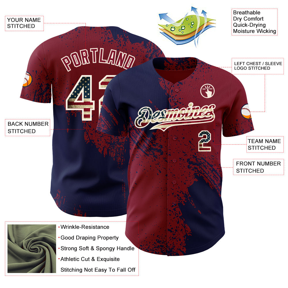 Custom Crimson Vintage USA Flag Navy-Cream Abstract Brush Stroke Authentic Baseball Jersey view 3