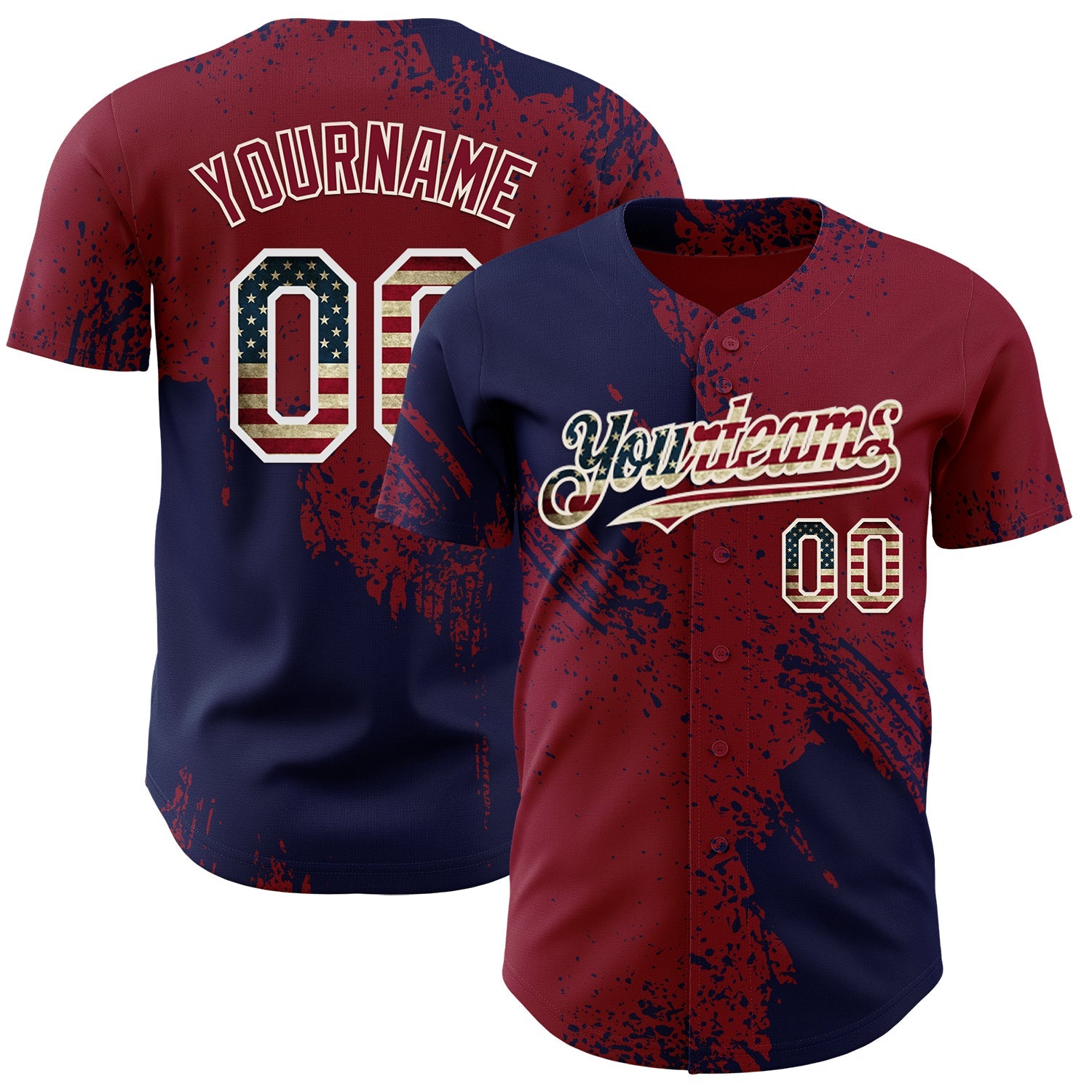 Custom Crimson Vintage USA Flag Navy-Cream Abstract Brush Stroke Authentic Baseball Jersey - Main View