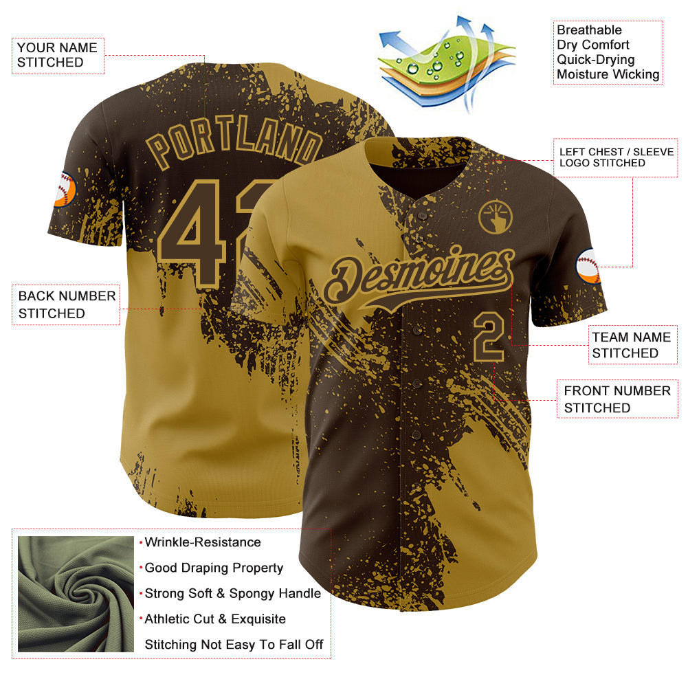 Custom Brown-Old Gold Abstract Brush Stroke Authentic Baseball Jersey view 3