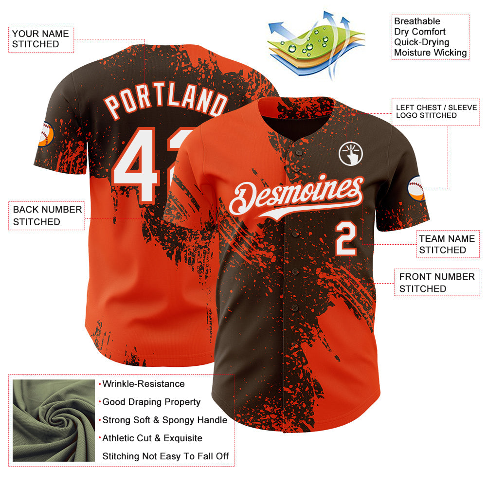 Custom Brown White-Orange Abstract Brush Stroke Authentic Baseball Jersey view 3