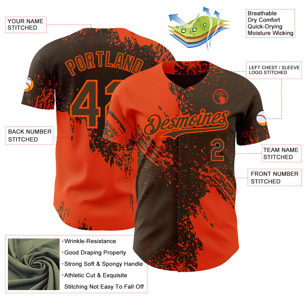Custom Brown-Orange Abstract Brush Stroke Authentic Baseball Jersey view 3