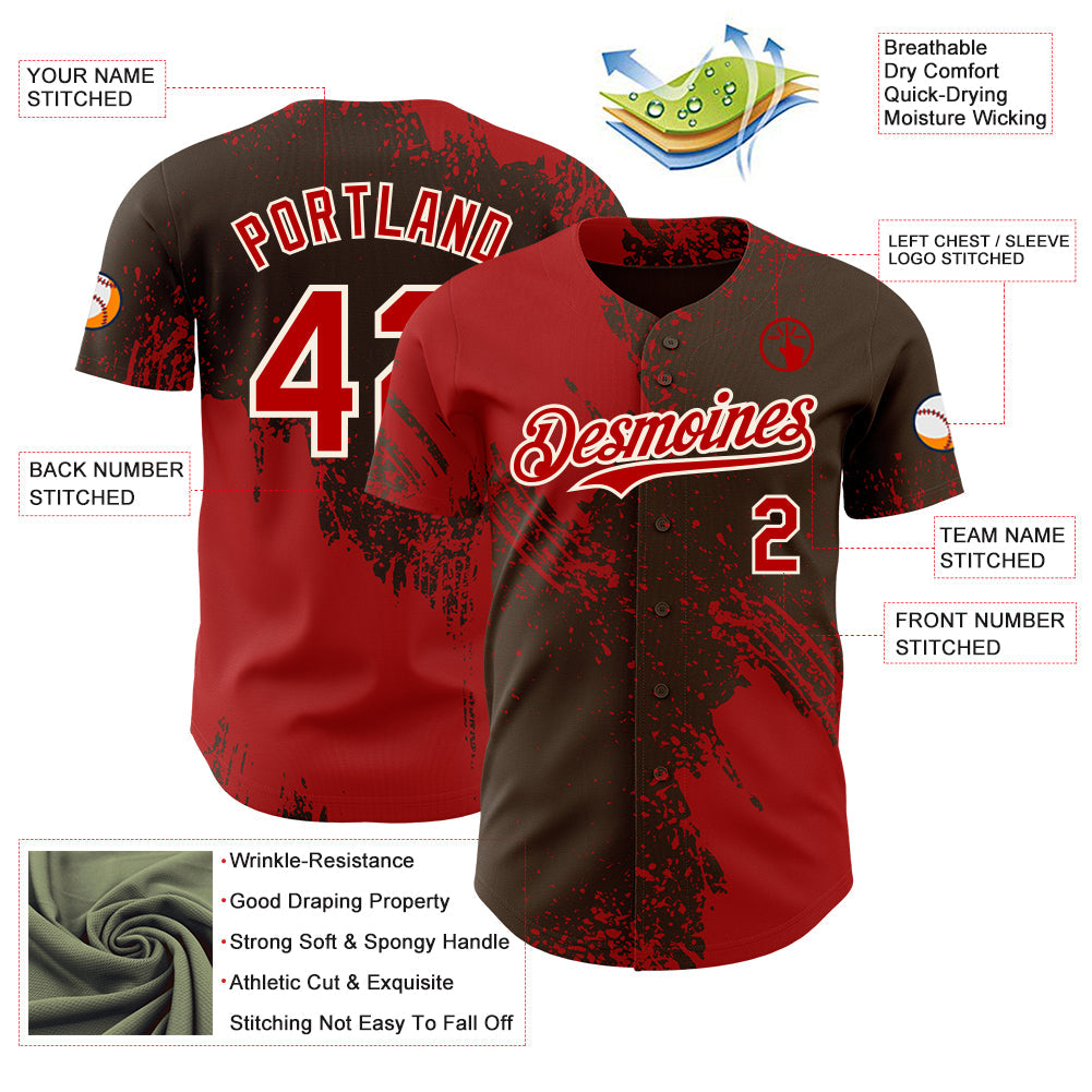 Custom Brown Red-Cream Abstract Brush Stroke Authentic Baseball Jersey view 3