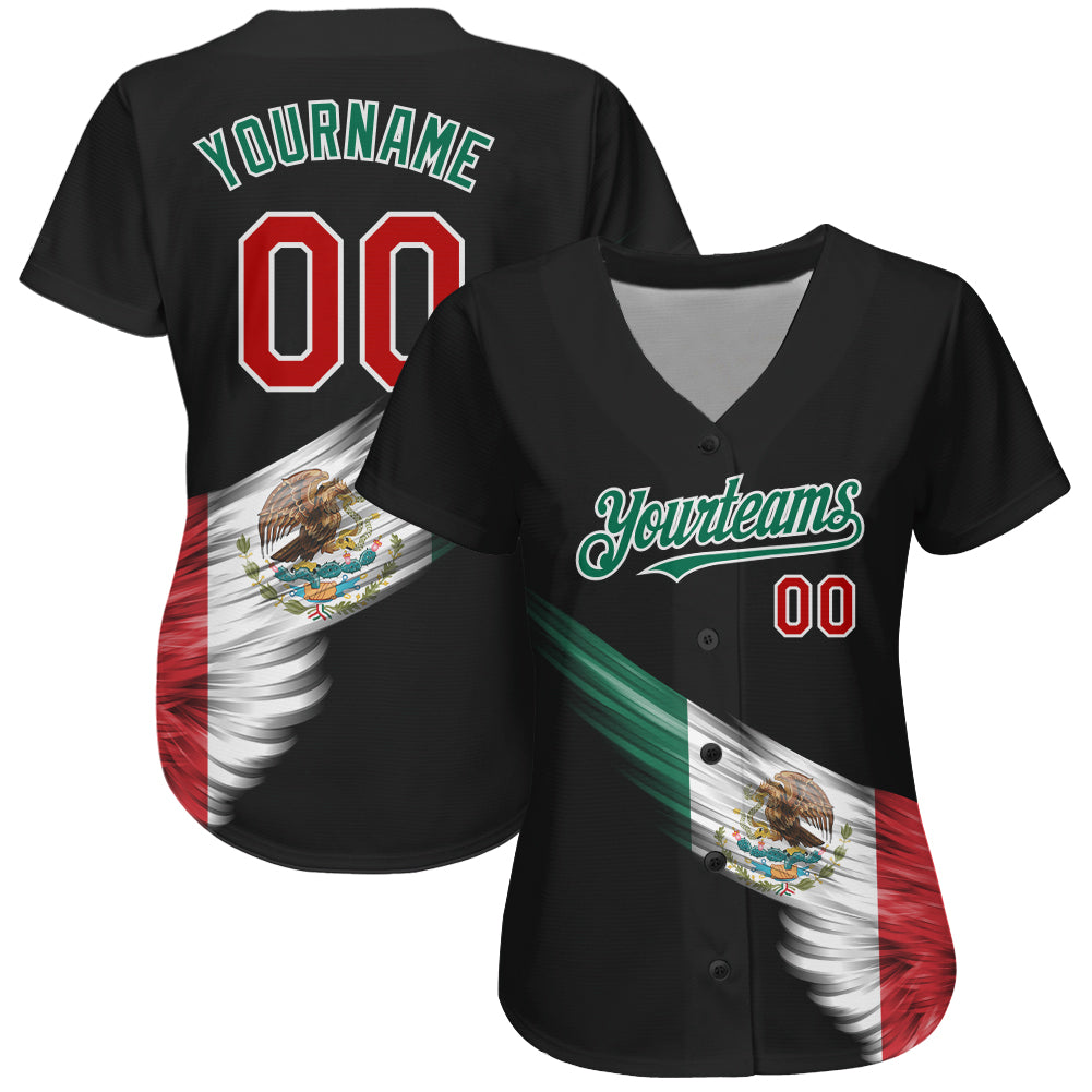 Custom Black Red-Kelly Green 3D The Abstract Wing With Mexican Flag Authentic Baseball Jersey view 3