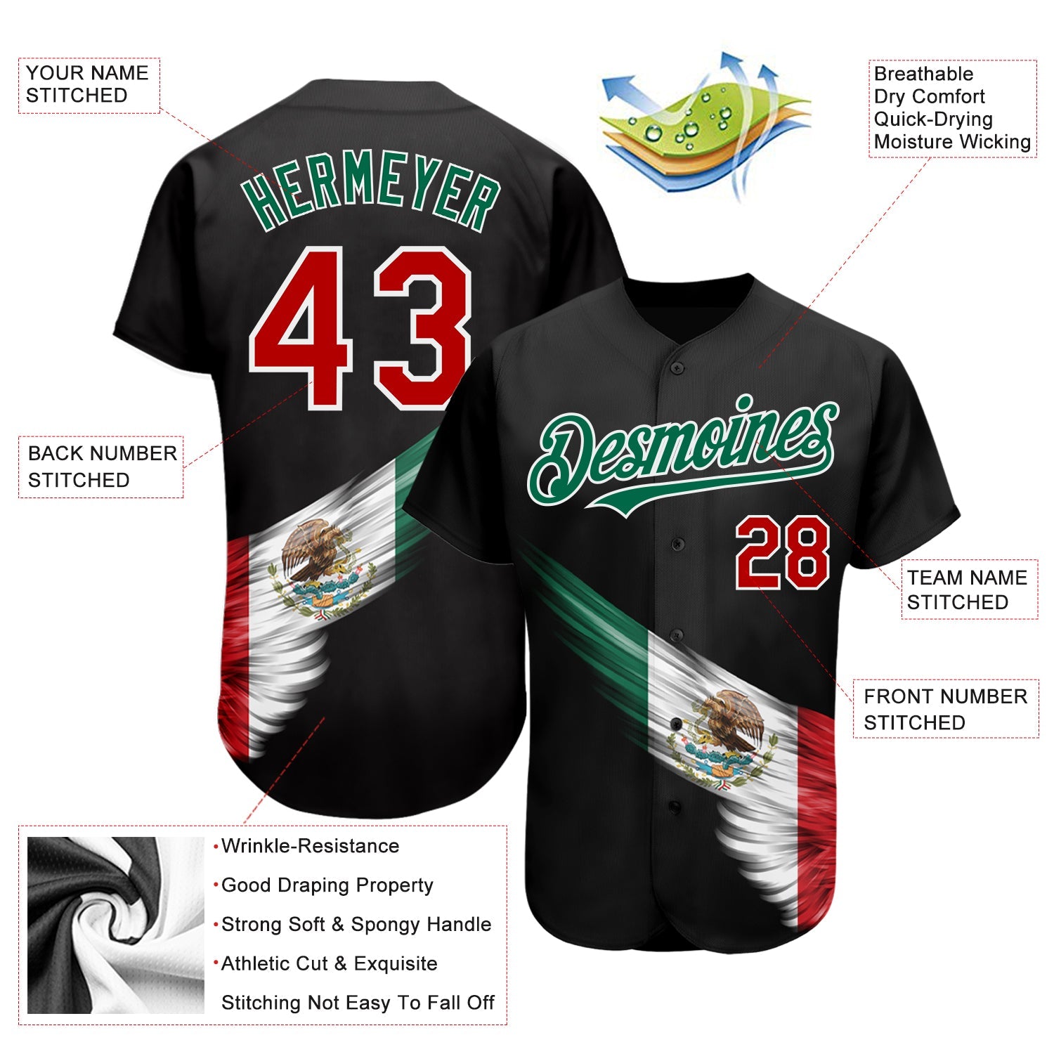 Custom Black Red-Kelly Green 3D The Abstract Wing With Mexican Flag Authentic Baseball Jersey view 4