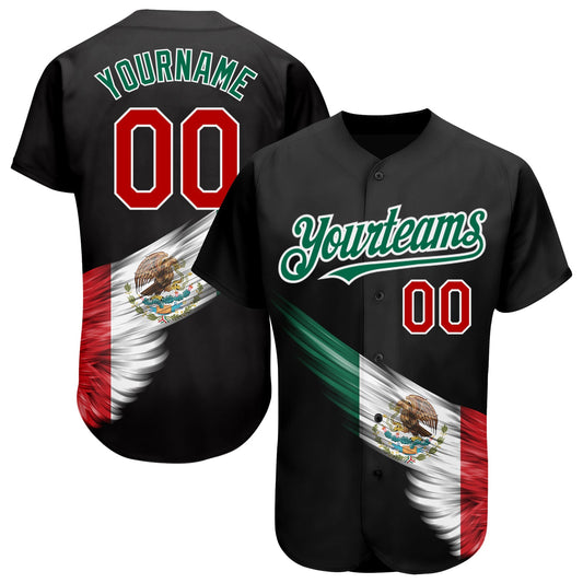 Custom Black Red-Kelly Green 3D The Abstract Wing With Mexican Flag Authentic Baseball Jersey - Main View