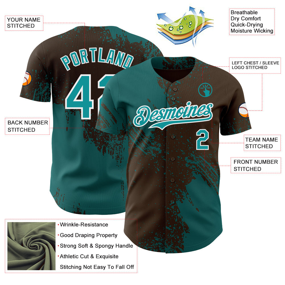 Custom Brown Teal-White Abstract Brush Stroke Authentic Baseball Jersey view 3