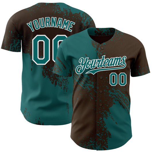 Custom Brown Teal-White Abstract Brush Stroke Authentic Baseball Jersey - Main View