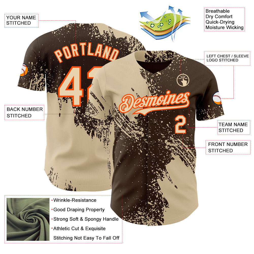 Custom Brown City Cream-Orange Abstract Brush Stroke Authentic Baseball Jersey view 3