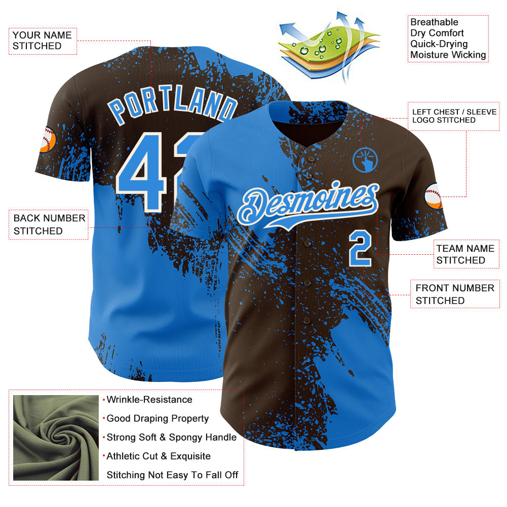 Custom Brown Electric Blue-Cream Abstract Brush Stroke Authentic Baseball Jersey view 3