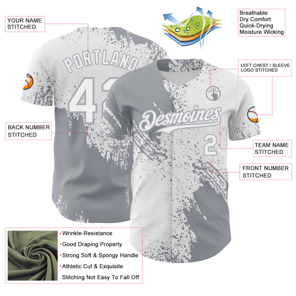 Custom White-Gray Abstract Brush Stroke Authentic Baseball Jersey view 3