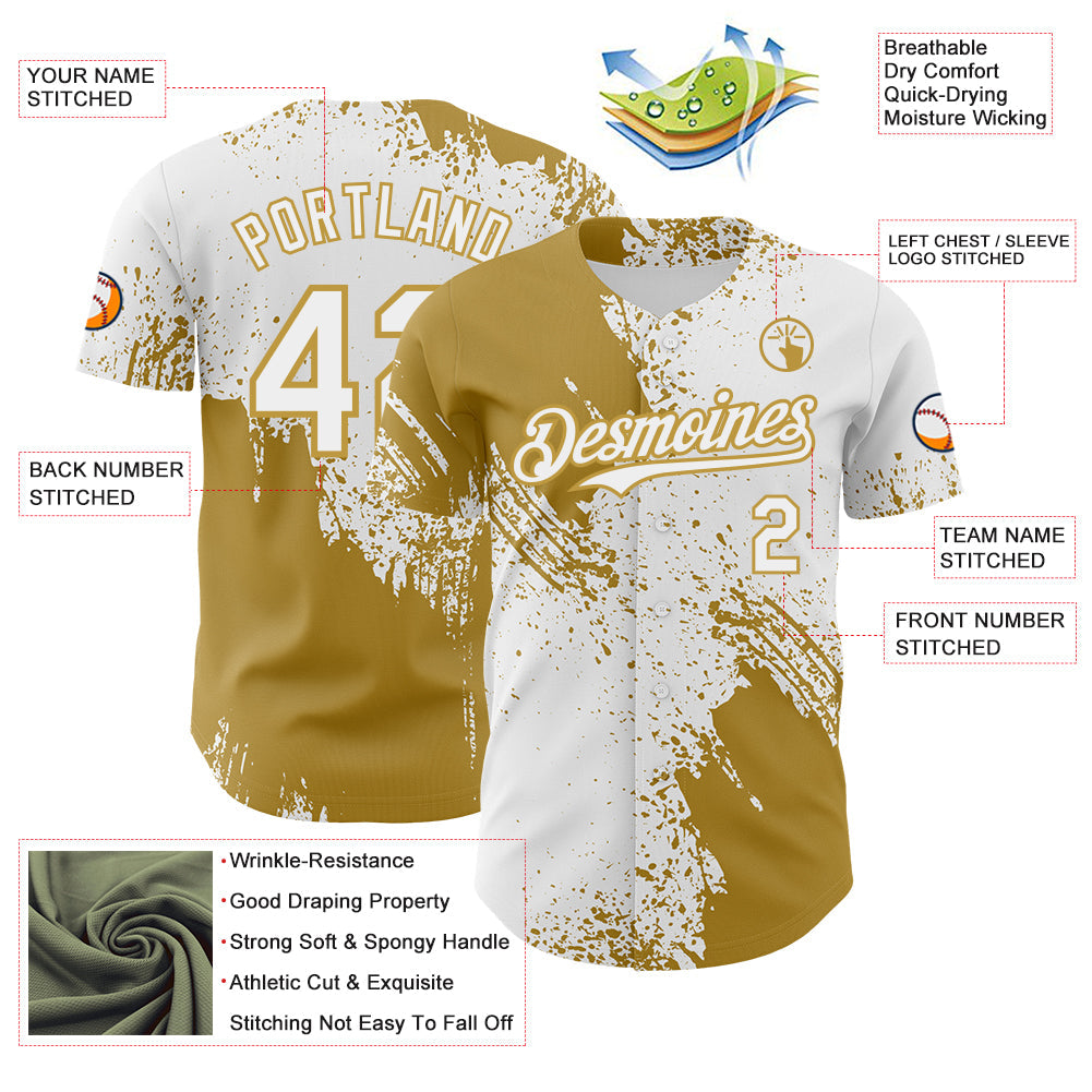 Custom White-Old Gold Abstract Brush Stroke Authentic Baseball Jersey view 3