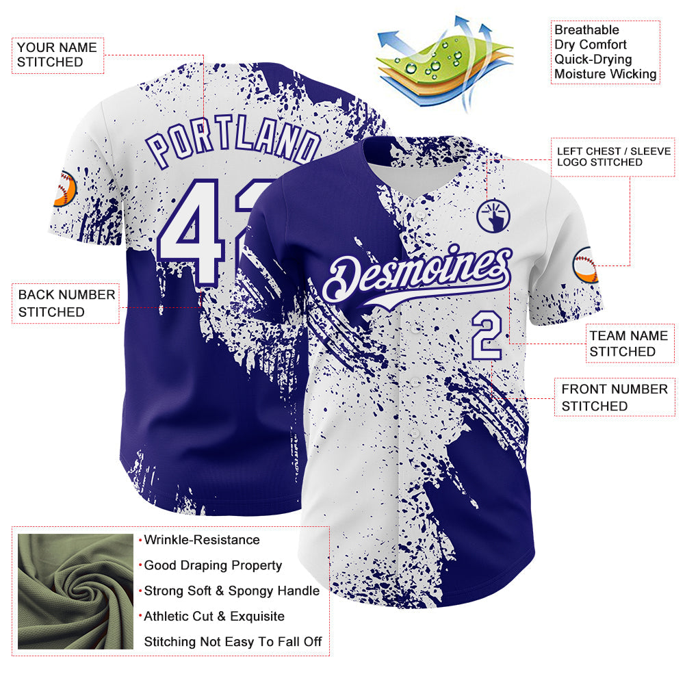 Custom White-Dark Purple Abstract Brush Stroke Authentic Baseball Jersey view 3