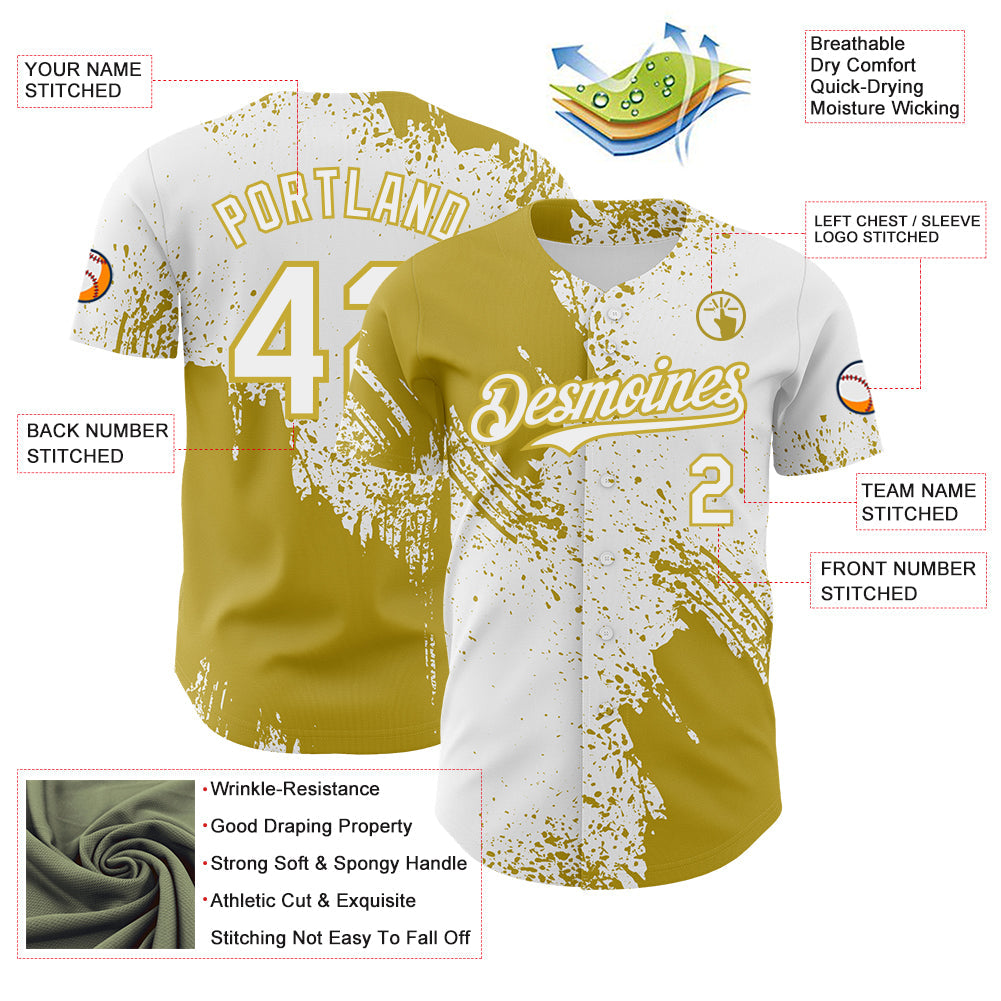 Custom White-Old Gold Abstract Brush Stroke Authentic Baseball Jersey view 3