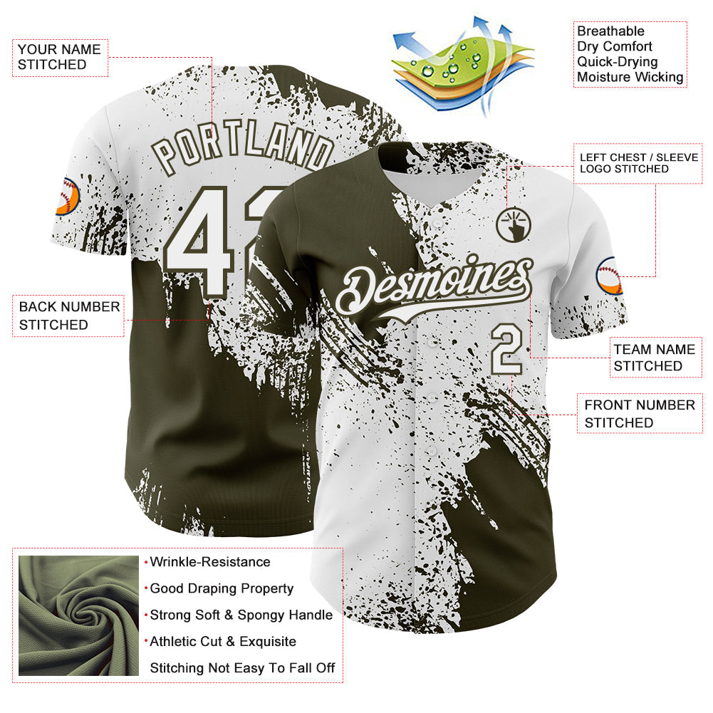 Custom White-Olive Abstract Brush Stroke Authentic Baseball Jersey view 3