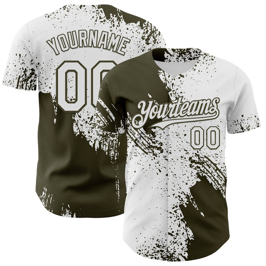 Custom White-Olive Abstract Brush Stroke Authentic Baseball Jersey - Main View