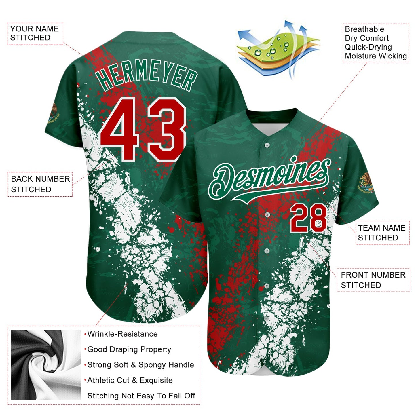 Custom Kelly Green Red-White 3D Mexico Authentic Baseball Jersey view 3