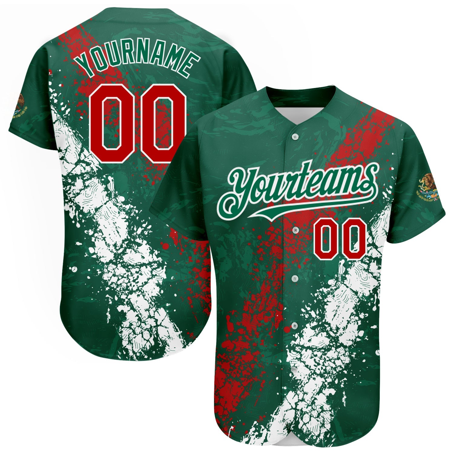 Custom Kelly Green Red-White 3D Mexico Authentic Baseball Jersey - Main View