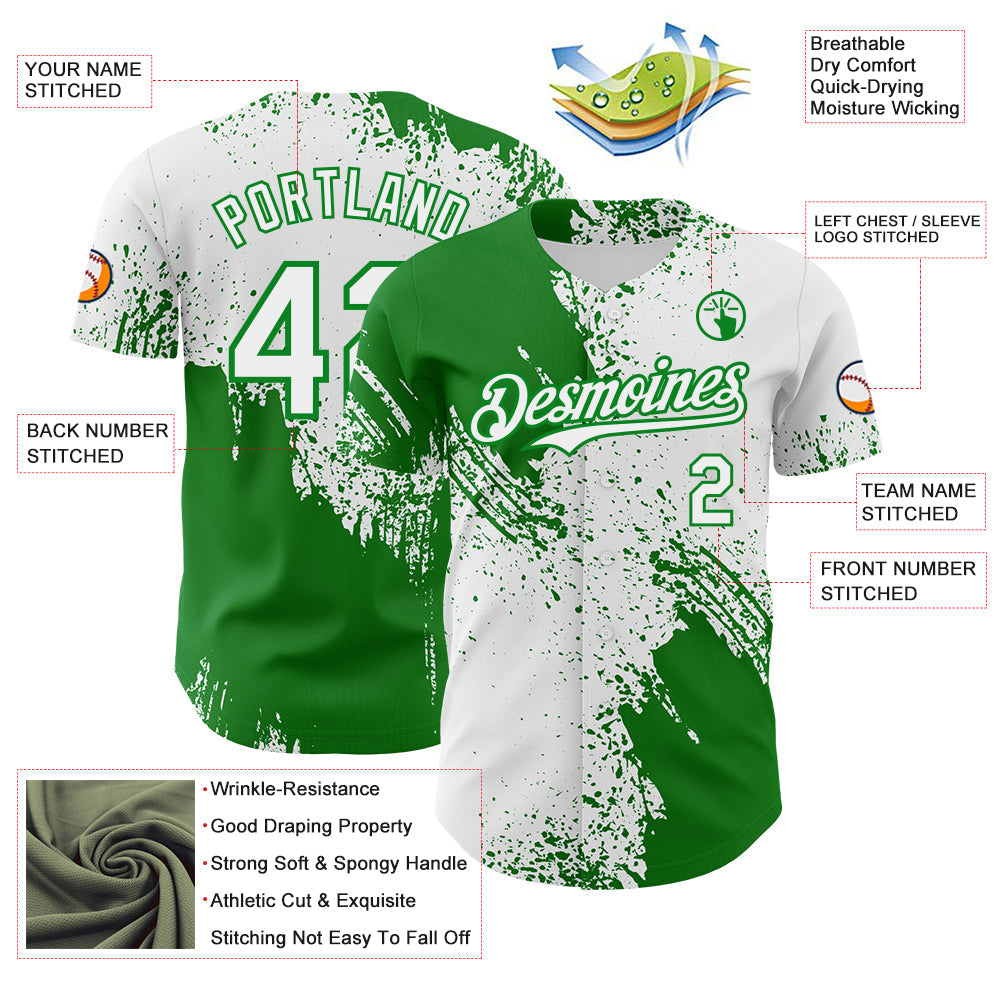 Custom White-Grass Green Abstract Brush Stroke Authentic Baseball Jersey view 3