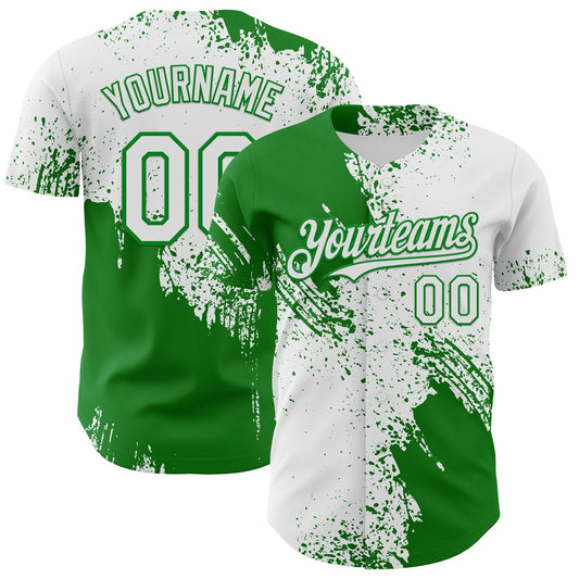Custom White-Grass Green Abstract Brush Stroke Authentic Baseball Jersey - Main View