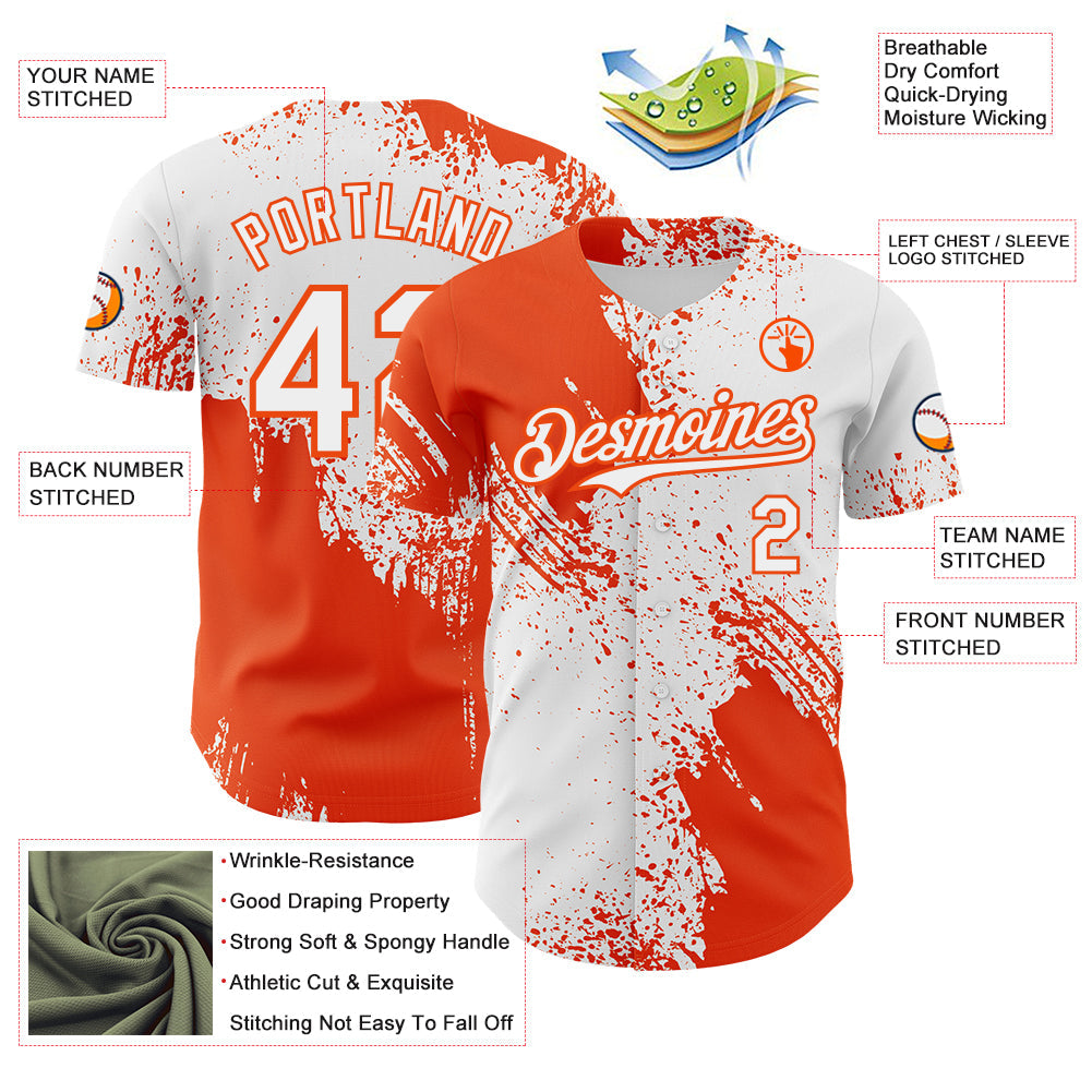 Custom White-Orange Abstract Brush Stroke Authentic Baseball Jersey view 3