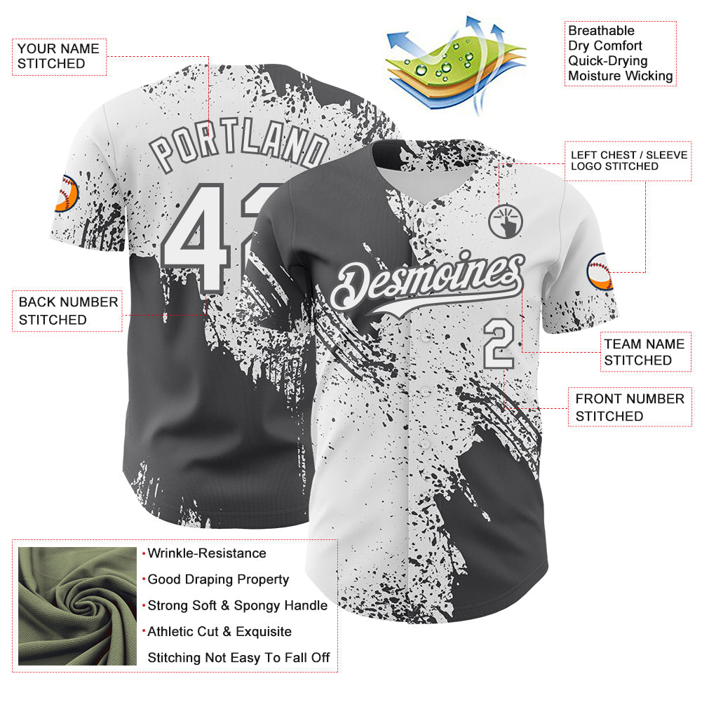 Custom White-Steel Gray Abstract Brush Stroke Authentic Baseball Jersey view 3
