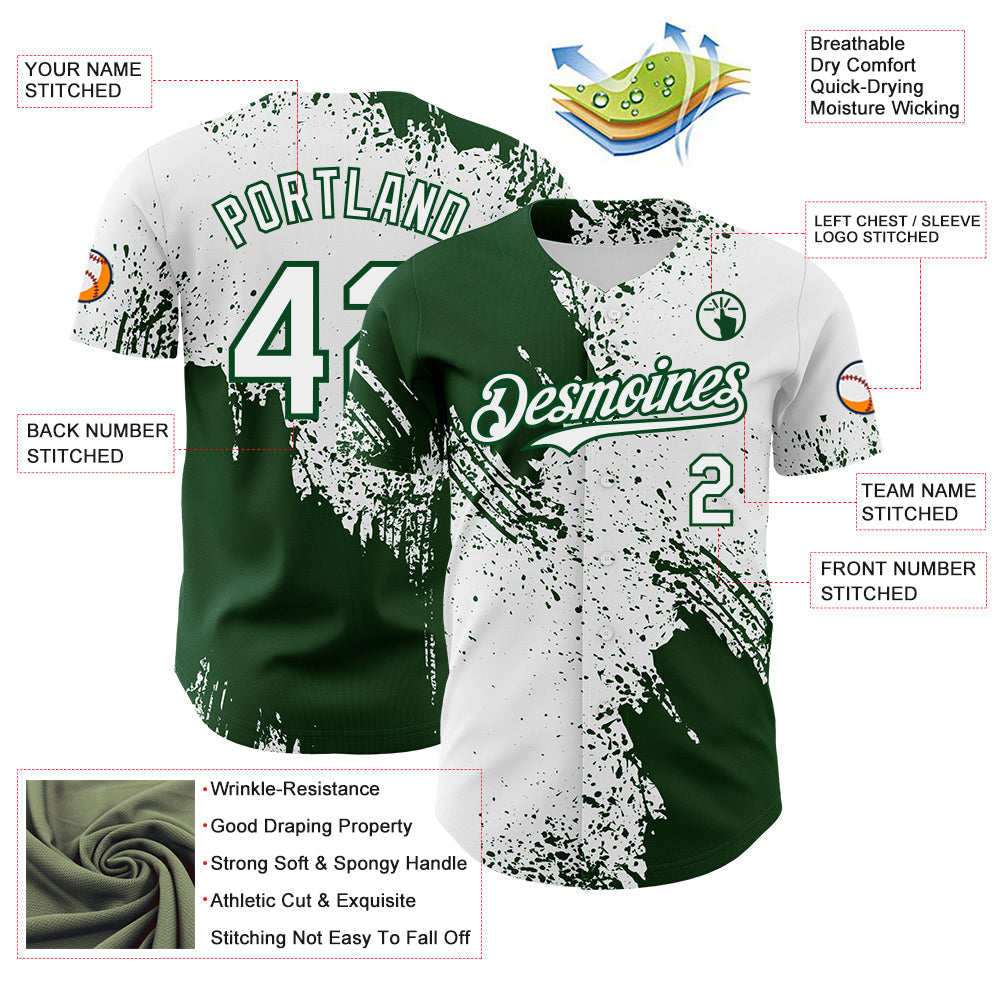 Custom White-Green Abstract Brush Stroke Authentic Baseball Jersey view 3