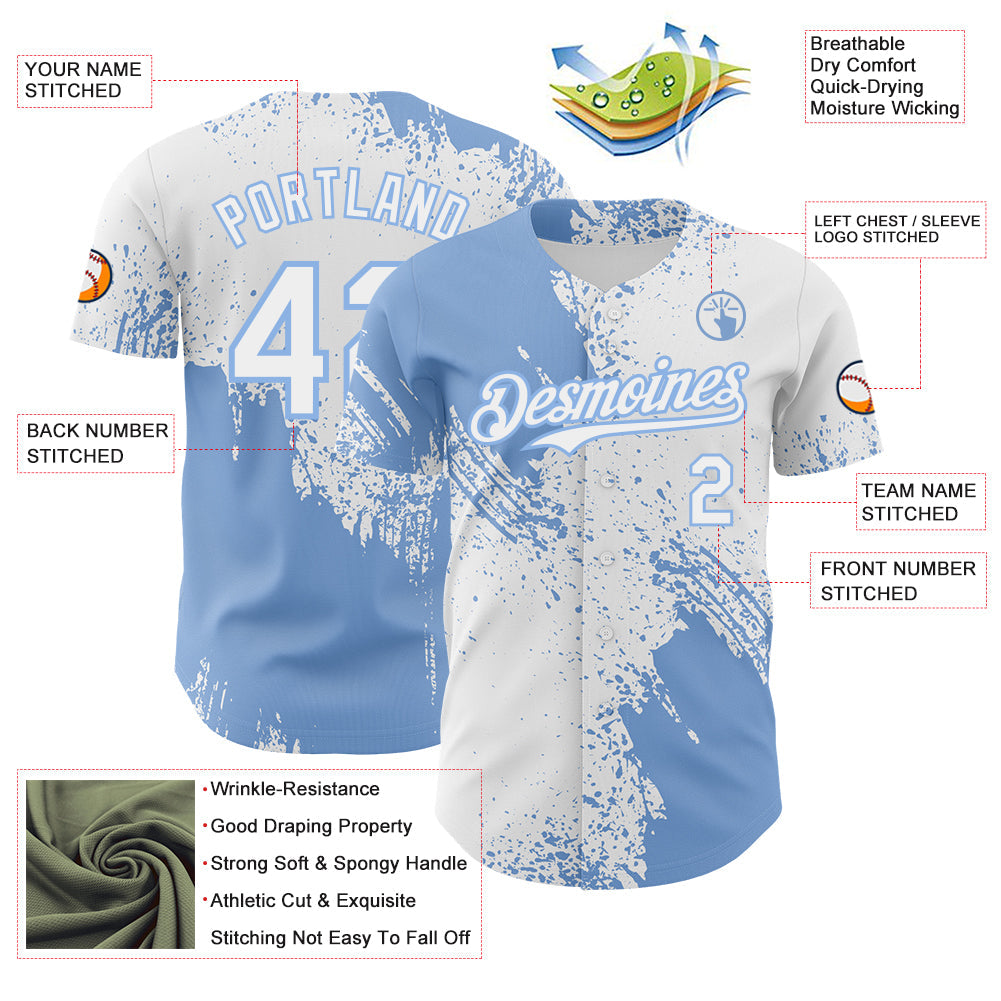 Custom White-Light Blue Abstract Brush Stroke Authentic Baseball Jersey view 3