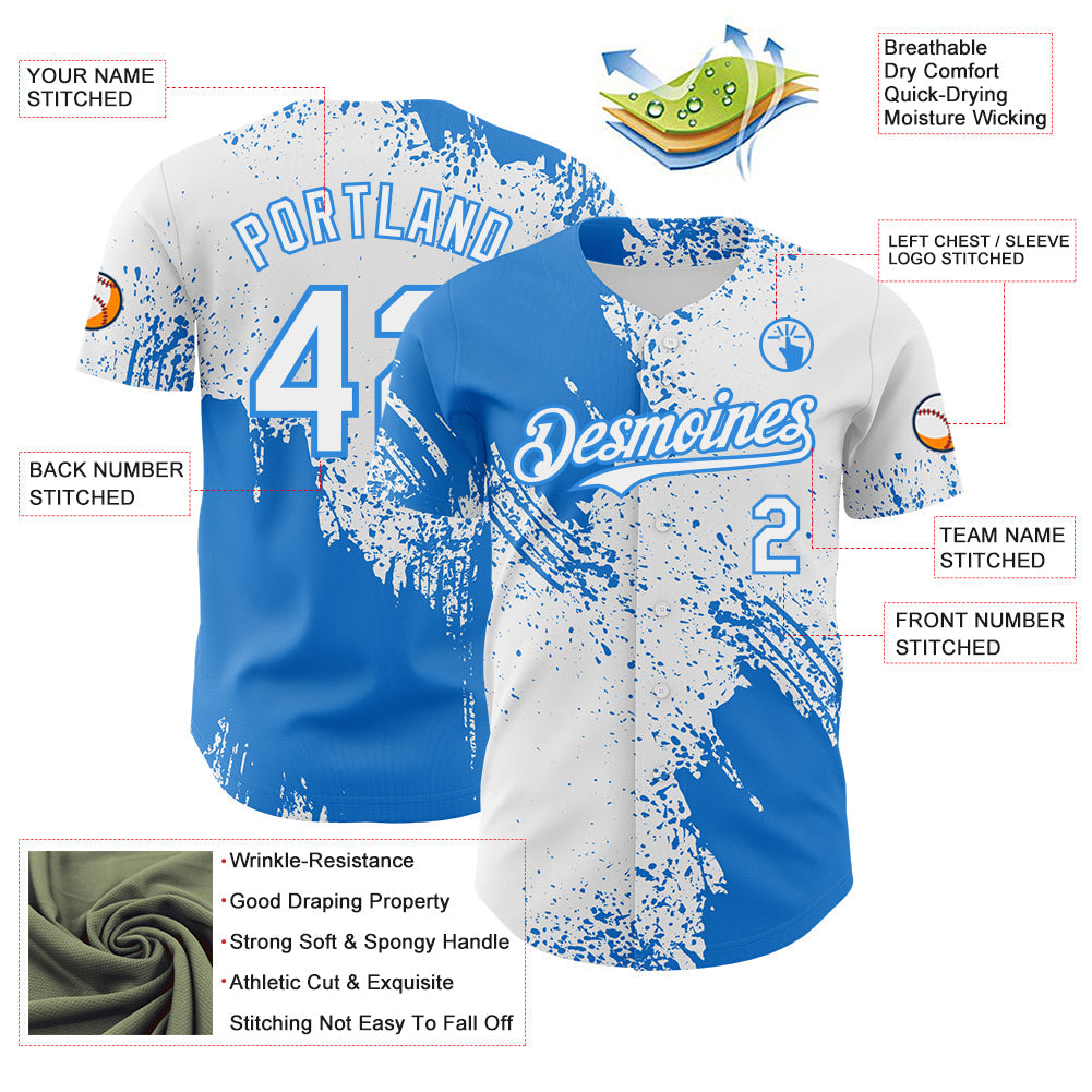 Custom White-Electric Blue Abstract Brush Stroke Authentic Baseball Jersey view 3