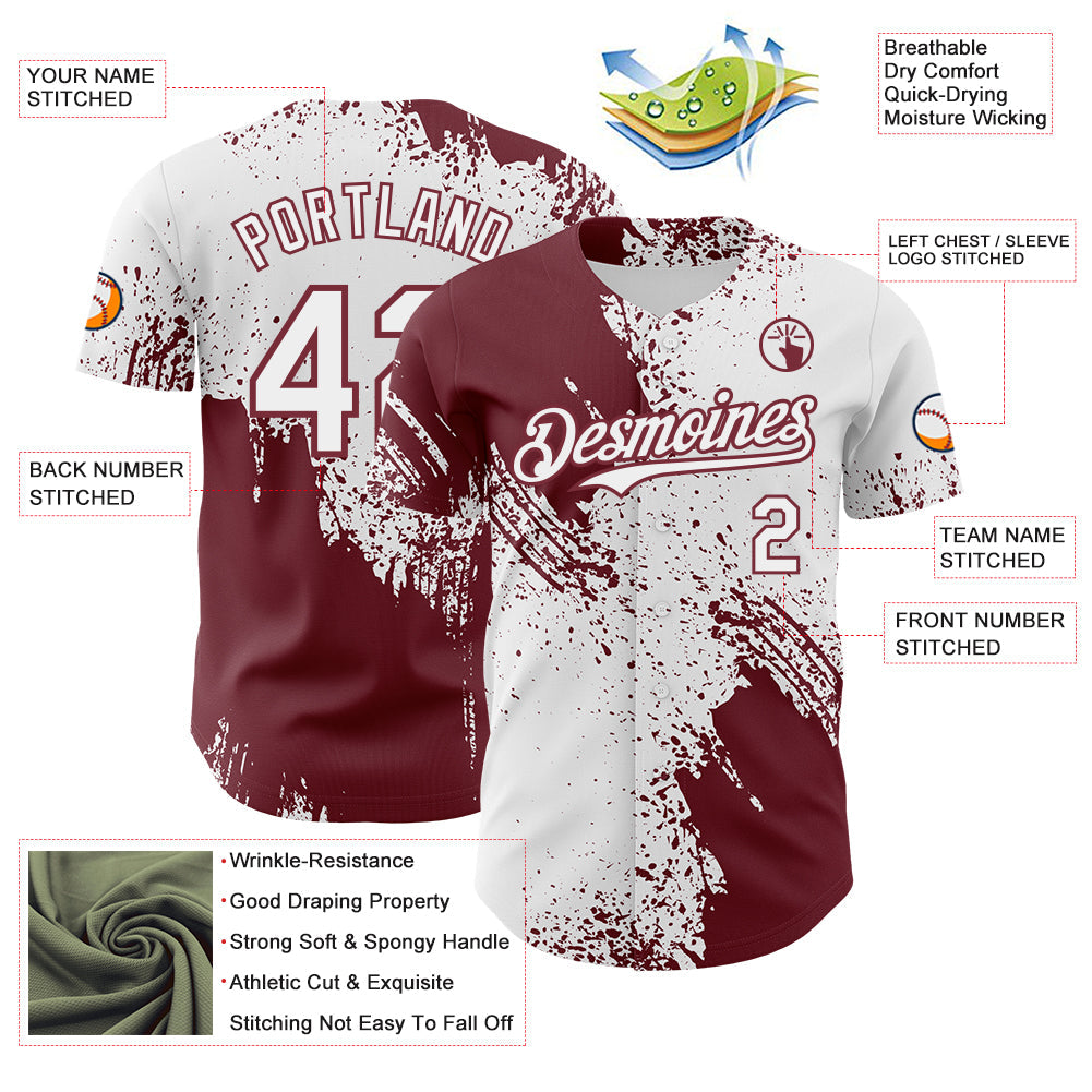 Custom White-Burgundy Abstract Brush Stroke Authentic Baseball Jersey view 3