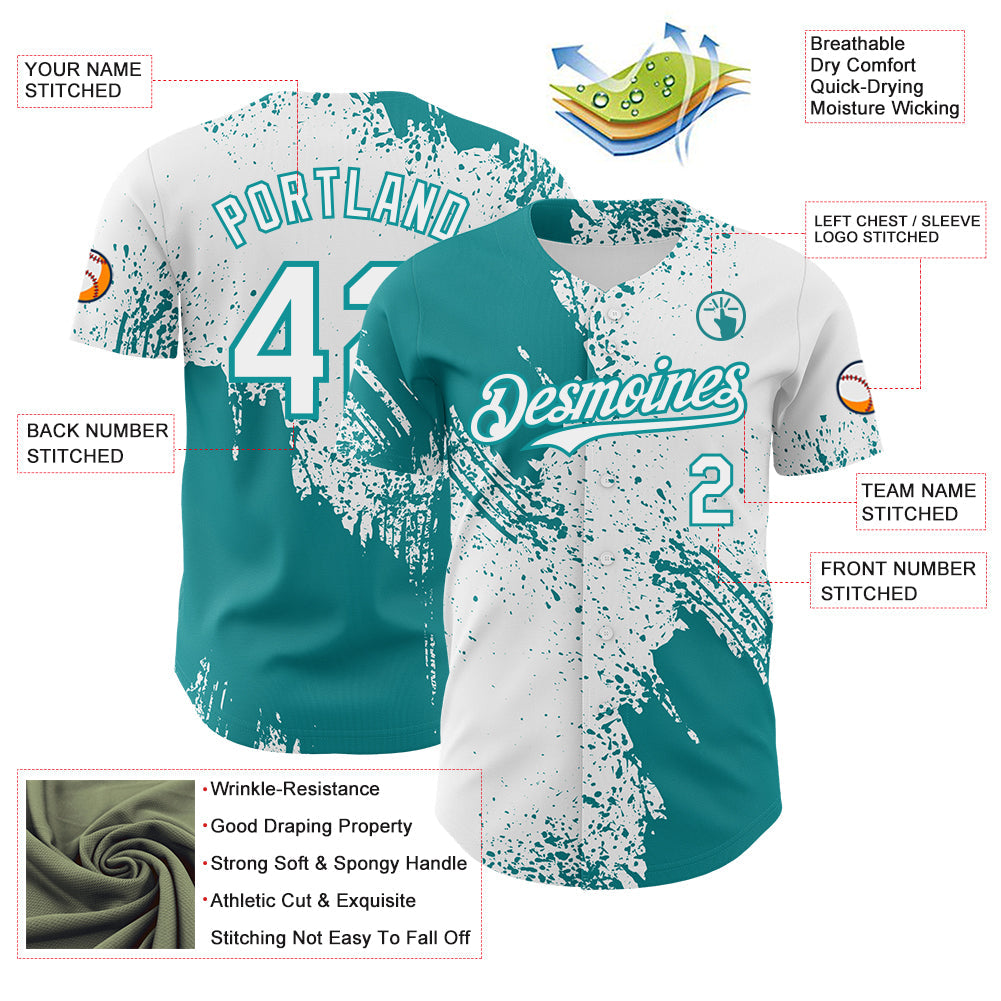 Custom White-Teal Abstract Brush Stroke Authentic Baseball Jersey view 3