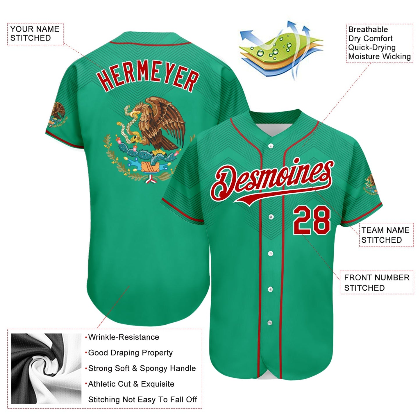 Custom Kelly Green Red-White 3D Mexico Authentic Baseball Jersey view 3